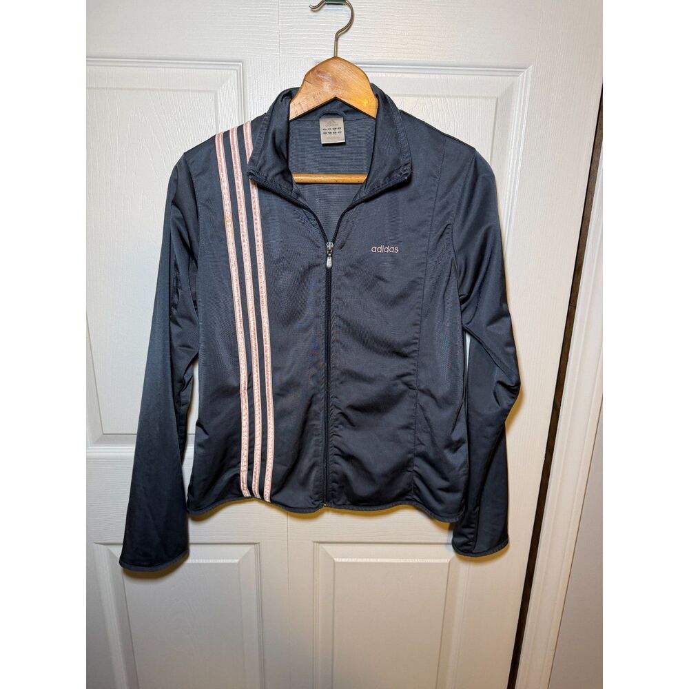 Adidas Women's Gray Pink Stripe Full Zip Track Jacket Size Large